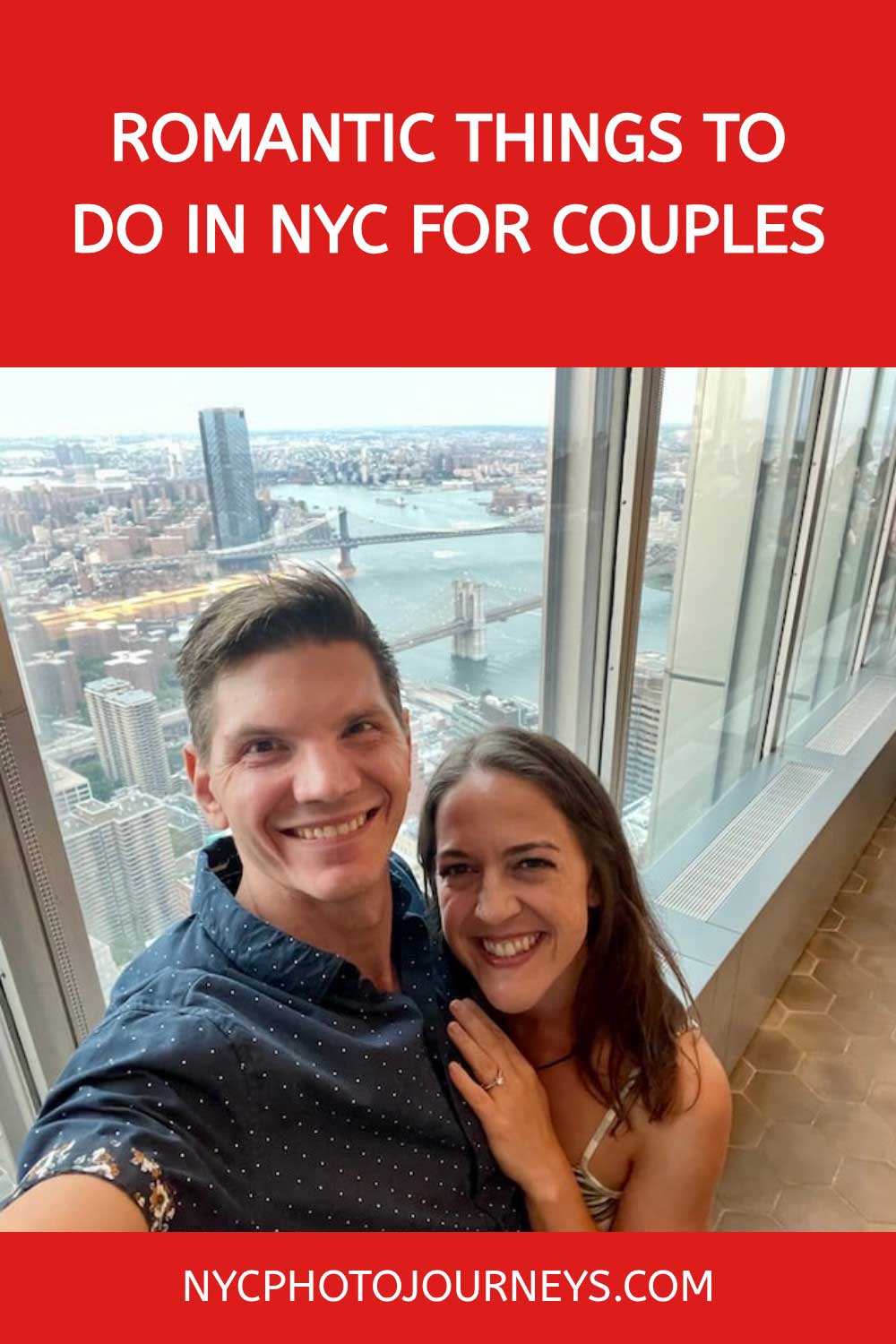 Pinterest pin that shows a couple taking a selfie in a building in NYC.
