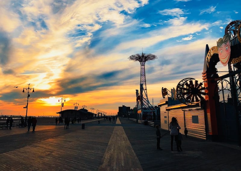 Coney Island boardwalk at sunset