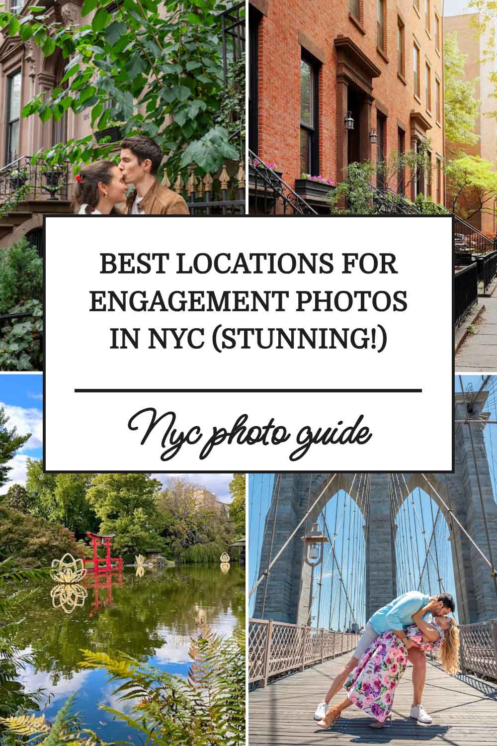Best locations for engagement photos in NYC featuring romantic couples in brownstone neighborhoods, Central Park, and the Brooklyn Bridge, highlighting stunning New York City photo spots.