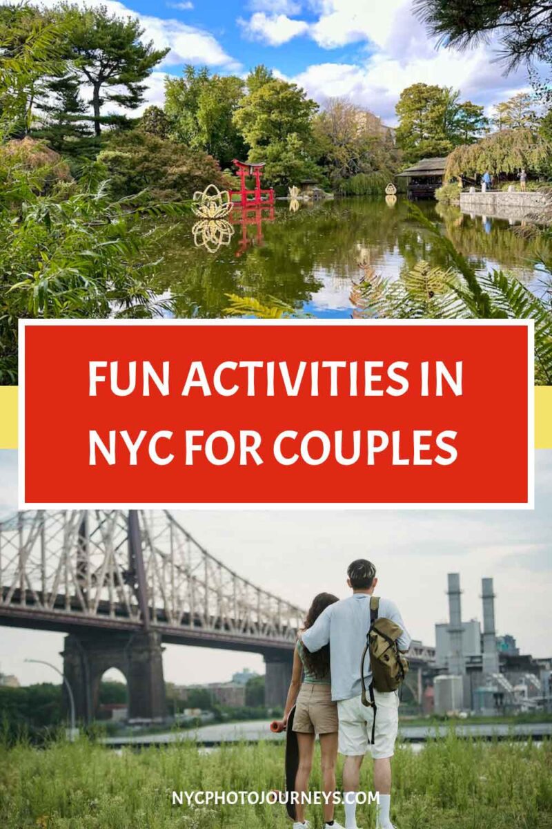 Fun activities in NYC for couples featuring a peaceful garden scene and a couple walking by the waterfront with a city bridge view, highlighting romantic New York City date ideas.