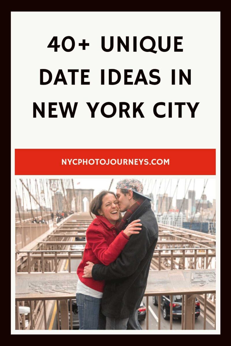40+ unique date ideas in New York City featuring a couple hugging and laughing on the Brooklyn Bridge, perfect for romantic NYC experiences and couples travel inspiration.