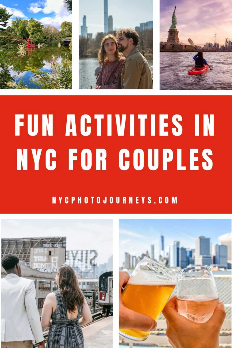 Fun activities in NYC for couples featuring romantic date ideas like Central Park strolls, skyline views, kayaking near the Statue of Liberty, rooftop drinks, and exploring the city together.