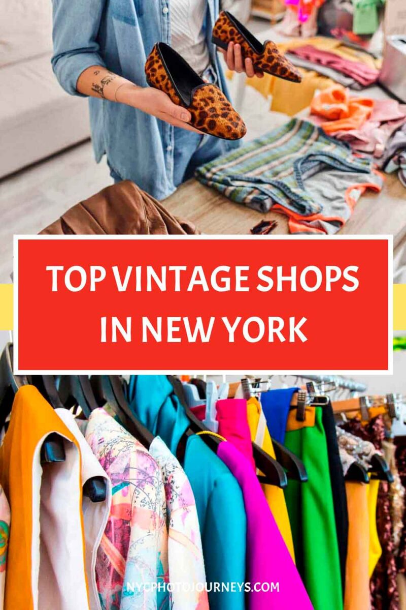Pinterest-style graphic for a guide to the top vintage shops in New York, featuring a person holding leopard-print shoes above a table of clothing and a rack of colorful vintage garments below, with the text “Top Vintage Shops In New York.”