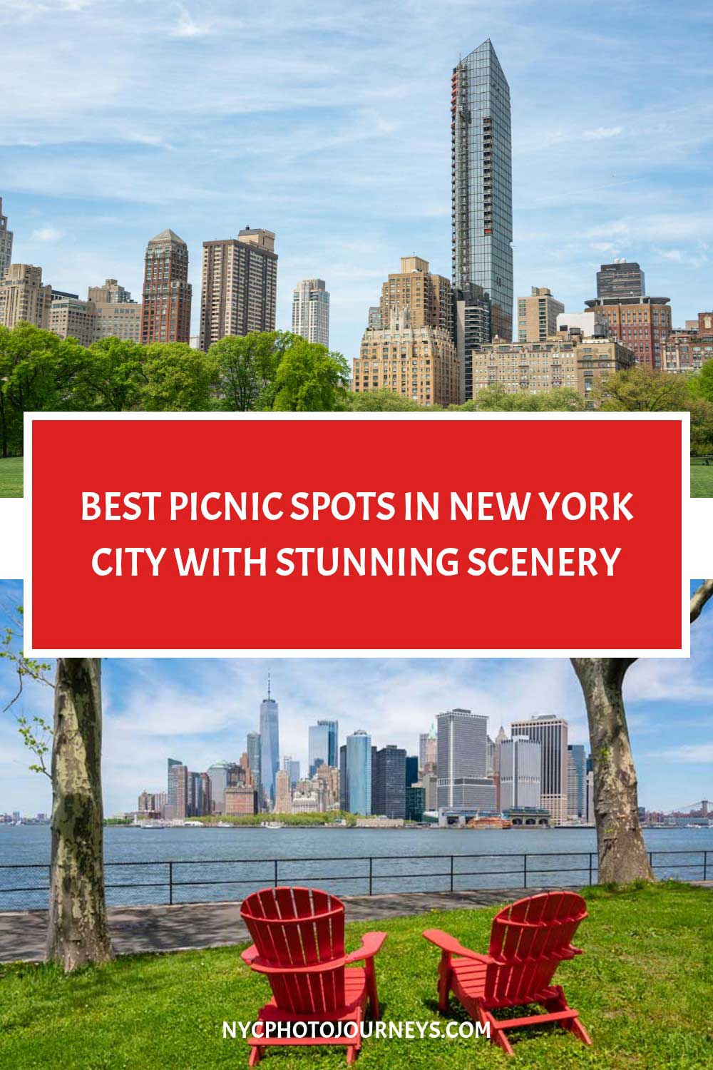 Best picnic spots in New York City with stunning scenery featuring skyline views from a park, waterfront seating with red chairs, and lush green spaces perfect for outdoor NYC picnics.