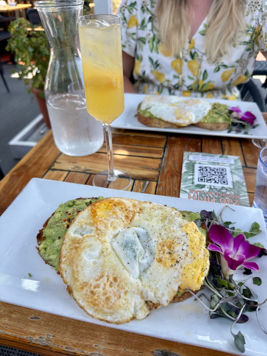 women eating avocado toast with a mimosa at 230 Fifth NYC for a birthday brunch