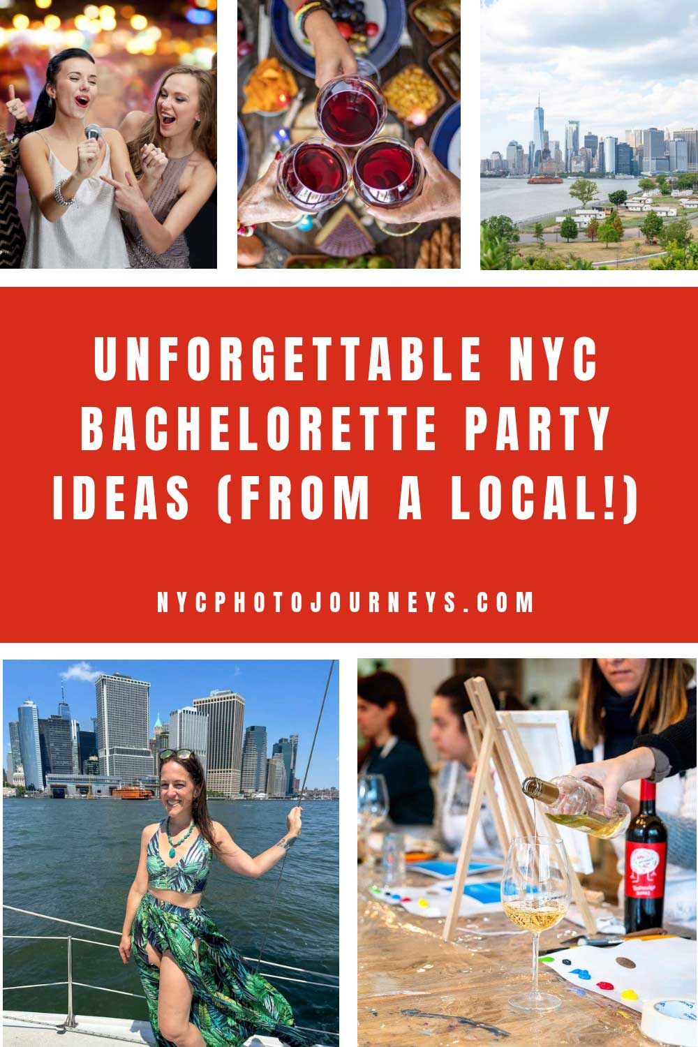 Unforgettable NYC bachelorette party ideas from a local featuring friends singing karaoke, toasting drinks, skyline views, a boat party, and a fun paint-and-sip activity.